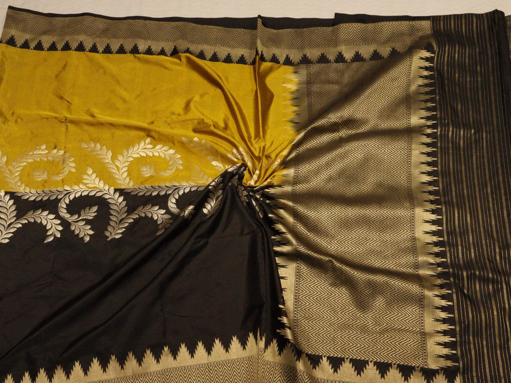Mehendi Yellow & black Katan Silk Banarasi saree pallu detail