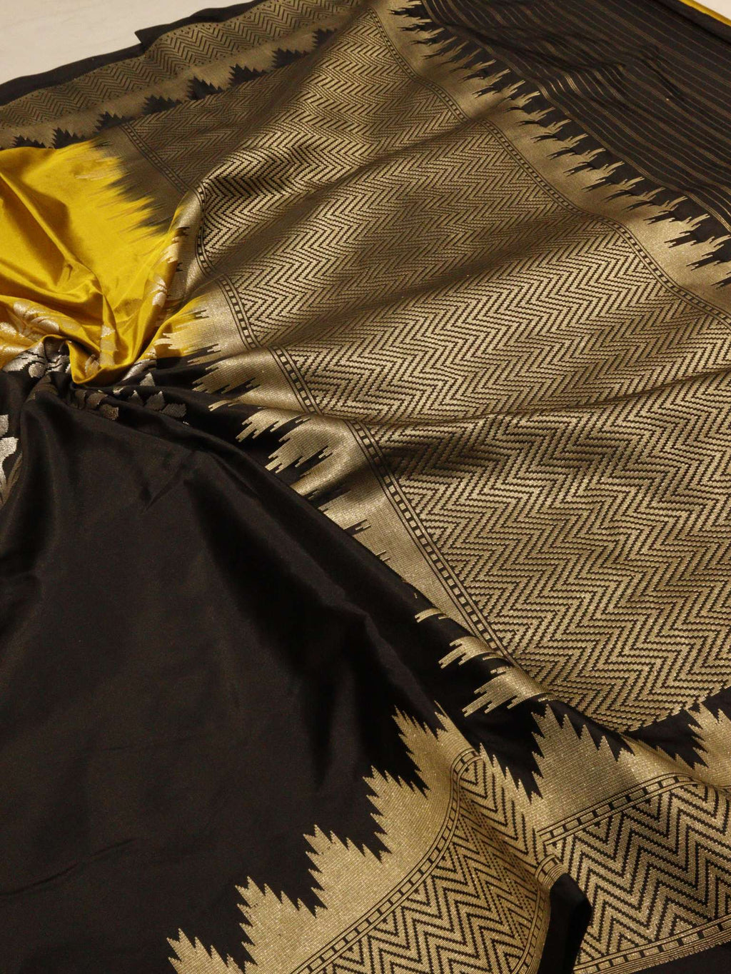 Mehendi Yellow & black Katan Silk Banarasi saree border closeup