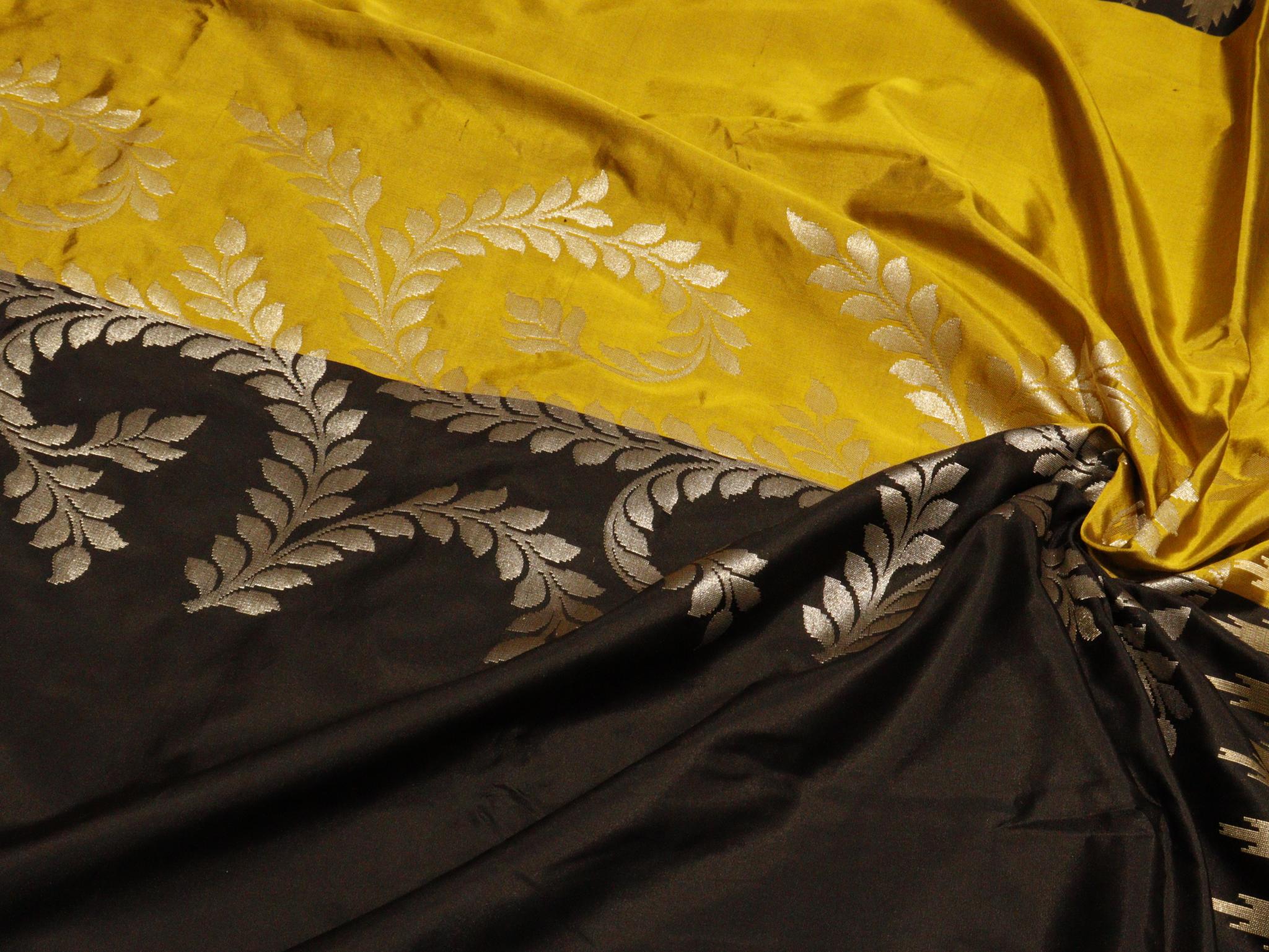 Mehendi Yellow & black Katan Silk Banarasi saree texture detail