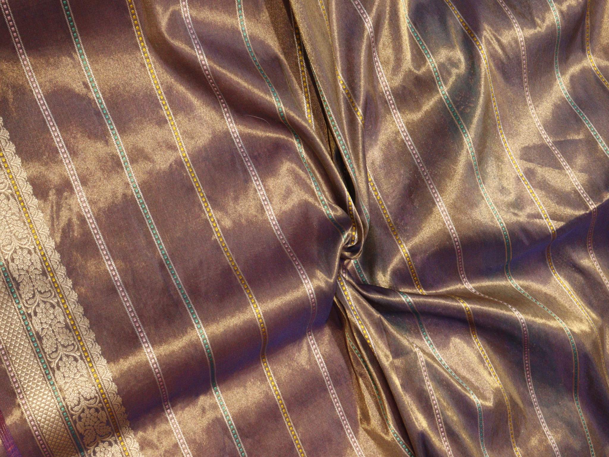 Mehendi Yellow & black Tissue Silk Banarasi saree front drape view