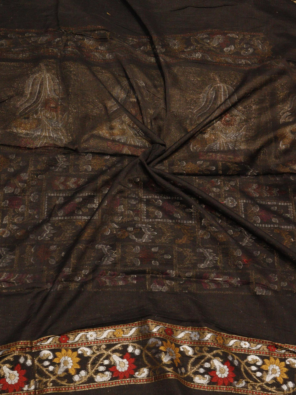 Black Cotton Banarasi saree front drape view
