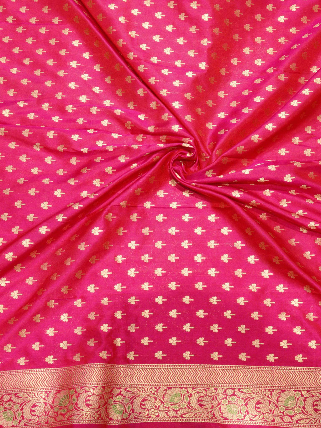 Rani Pink Katan Silk Banarasi saree front drape view