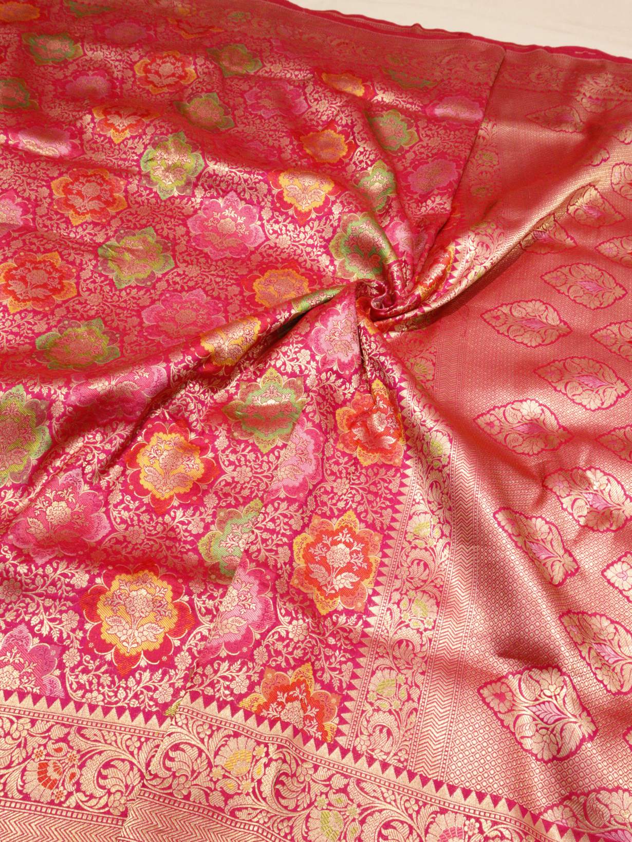 Rani Pink Katan Silk Banarasi saree full spread