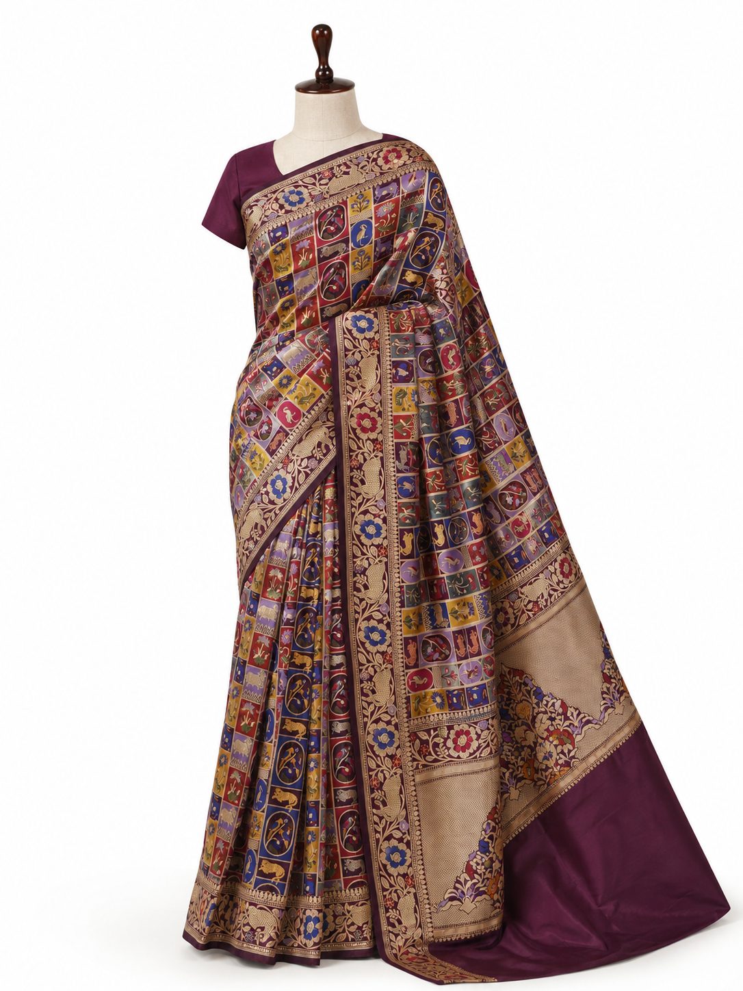 Multi Colour Katan Silk Banarasi saree front drape view