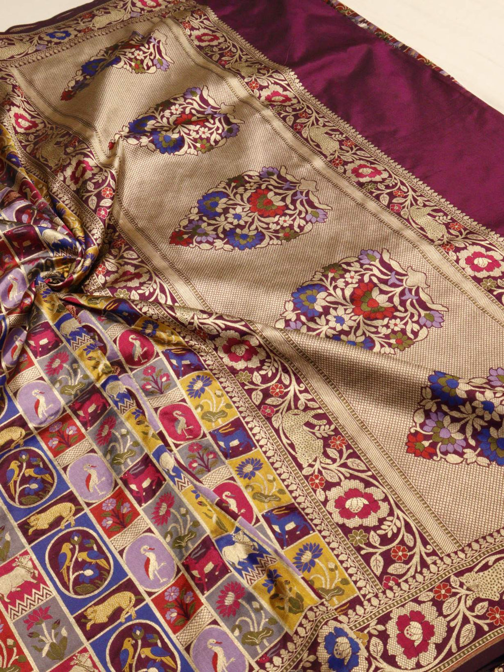 Multi Colour Katan Silk Banarasi saree full spread