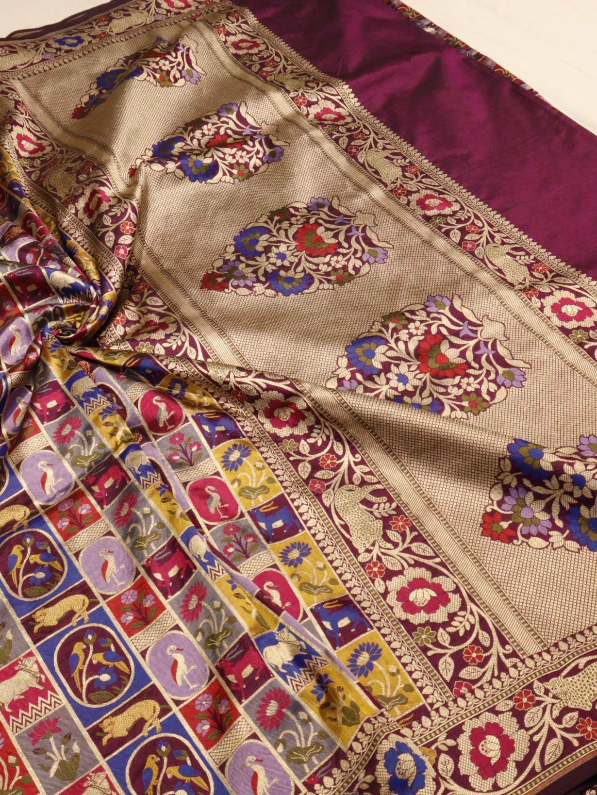 Multi Colour Katan Silk Banarasi saree full spread