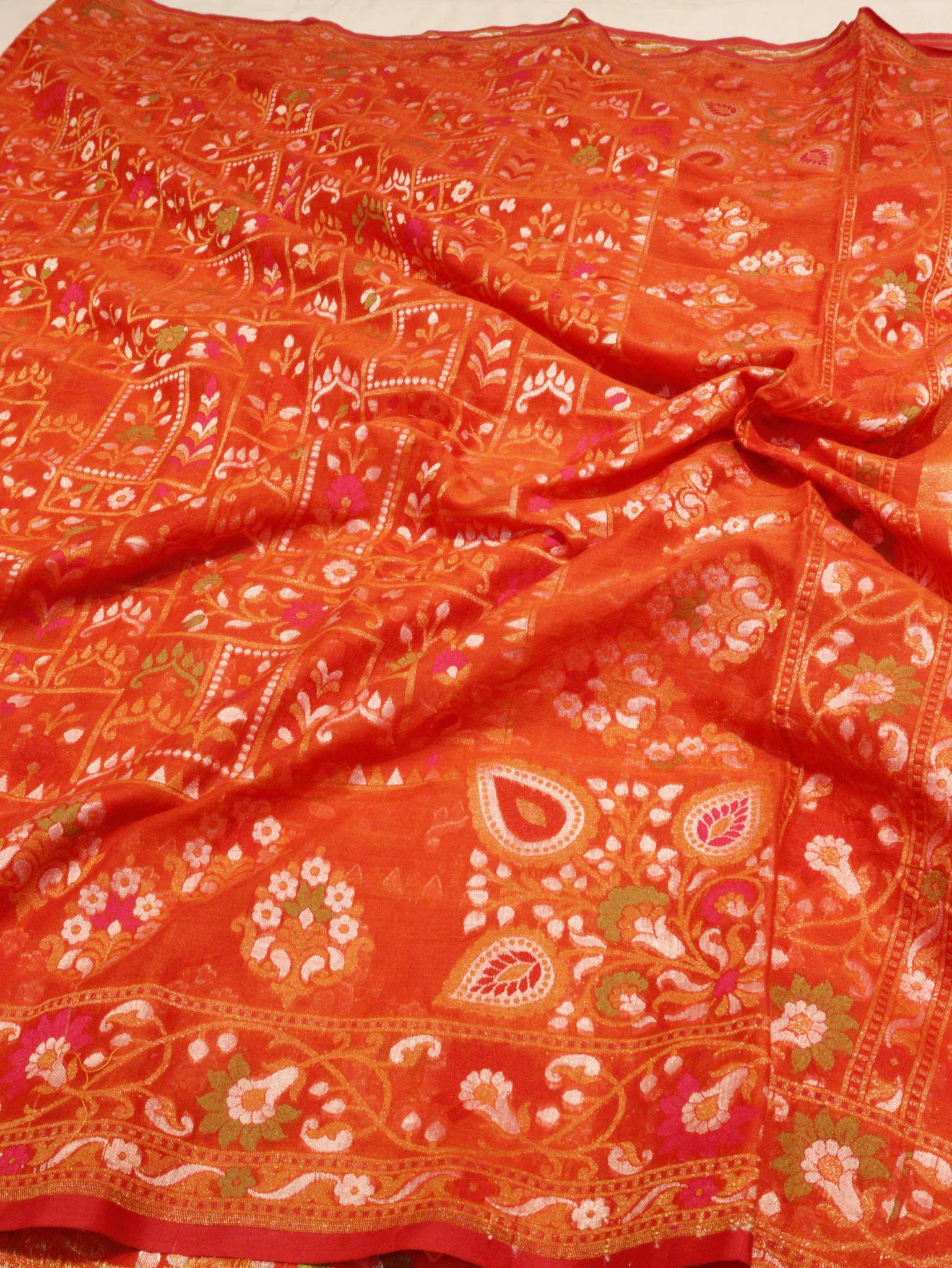 Orange Cotton Banarasi saree border closeup
