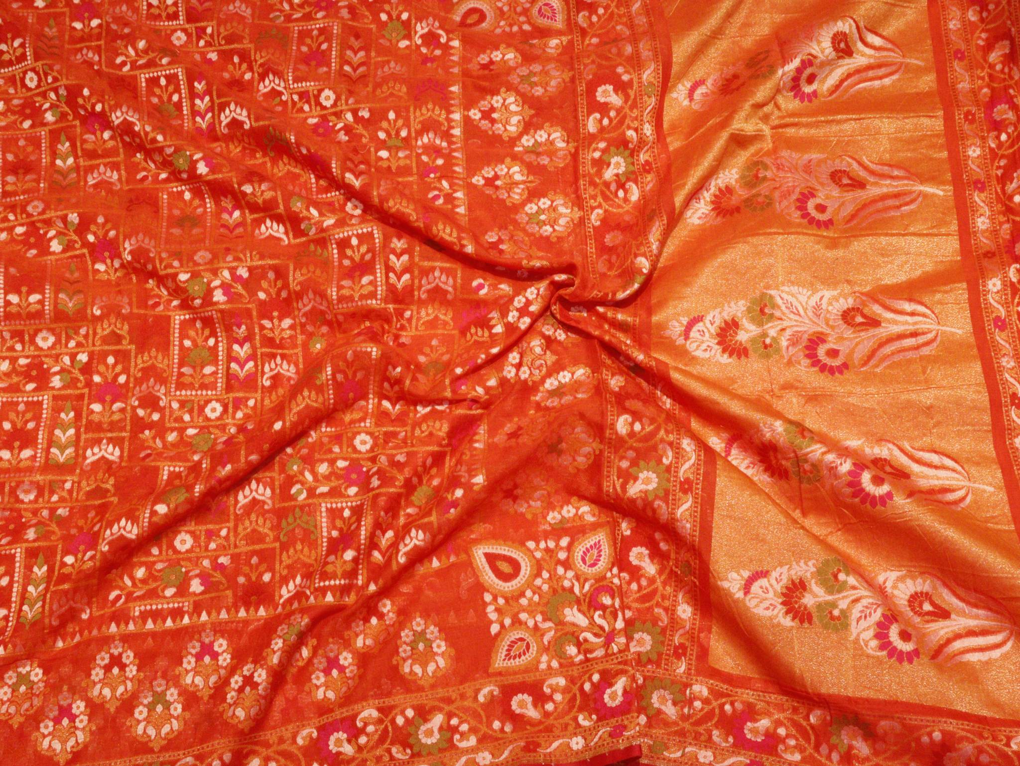 Orange Cotton Banarasi saree full spread