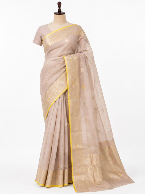 Milk Coffee Kora Silk Banarasi saree front drape view