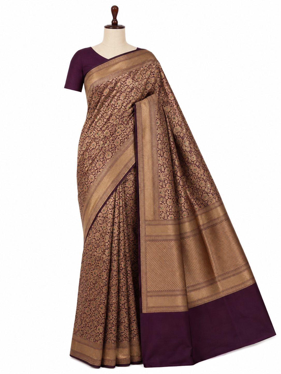 Purple Katan Silk Banarasi saree front drape view