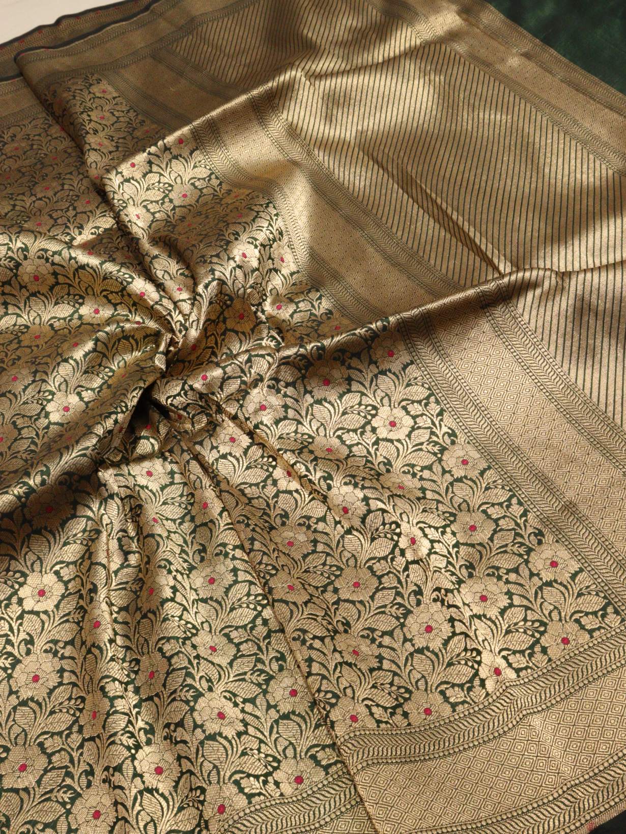 Bottle Green Katan Silk Banarasi saree full spread