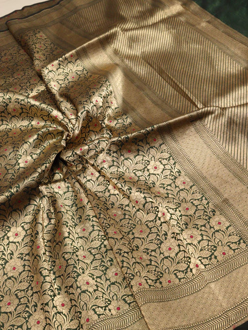 Bottle Green Katan Silk Banarasi saree full spread