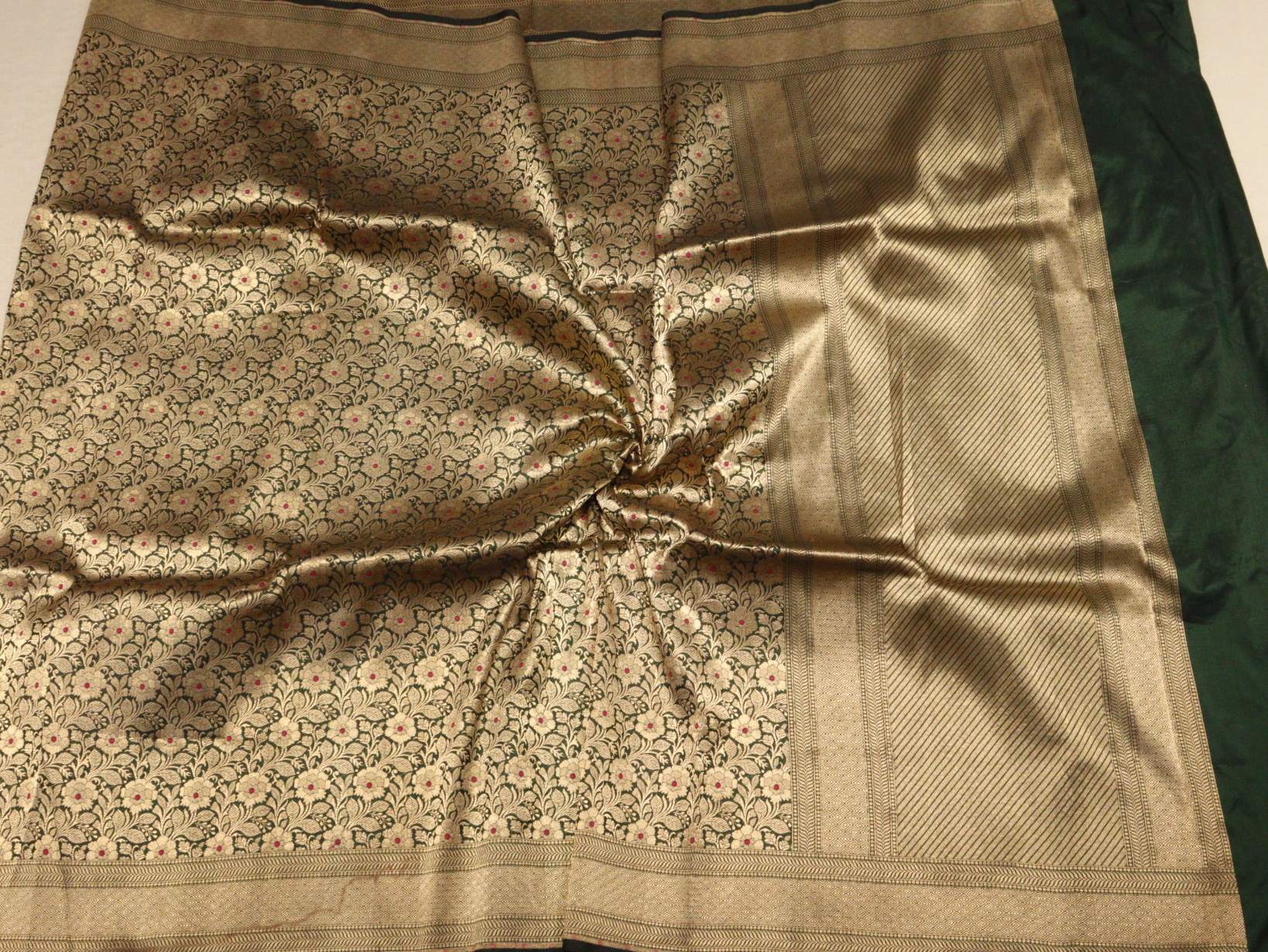 Bottle Green Katan Silk Banarasi saree texture detail