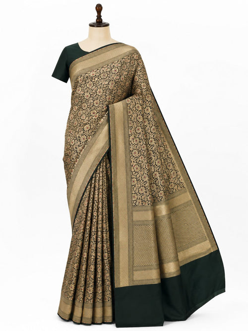 Bottle Green Katan Silk Banarasi saree zari work detail