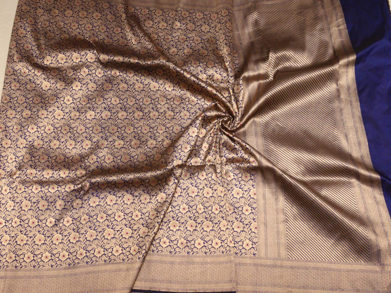 Royal Blue Katan Silk Banarasi saree full spread