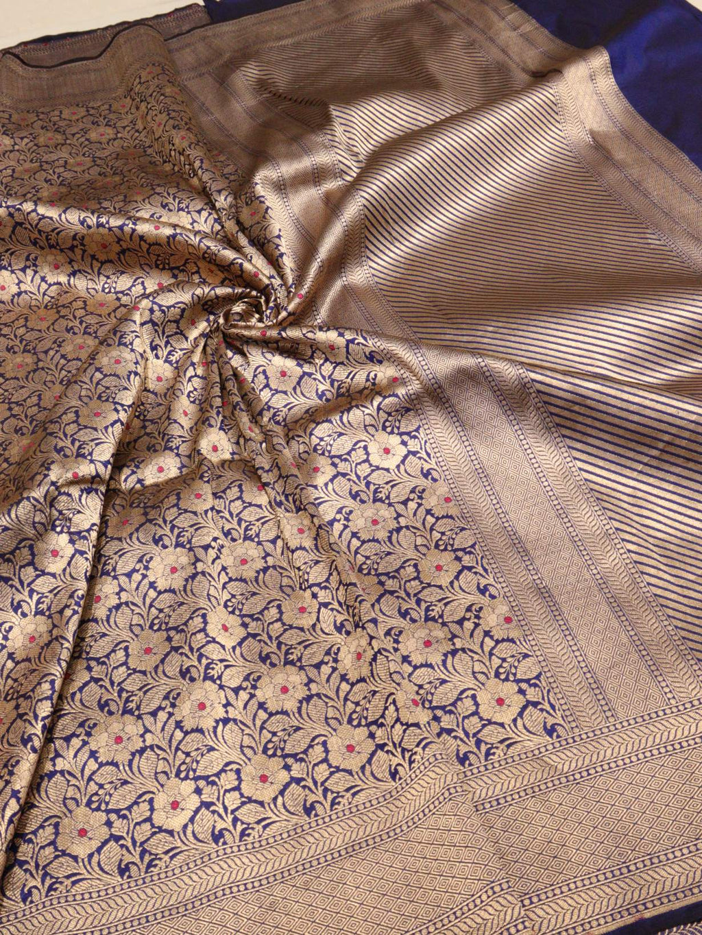 Royal Blue Katan Silk Banarasi saree texture detail