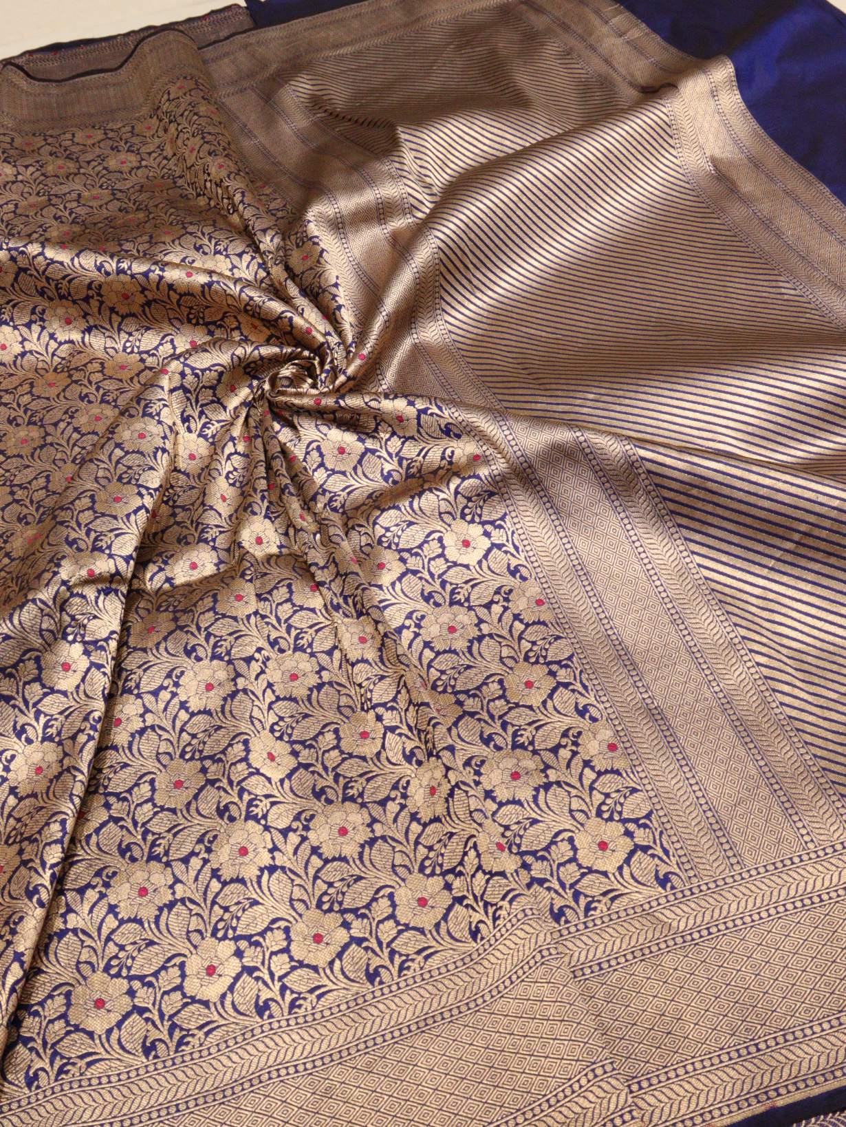 Royal Blue Katan Silk Banarasi saree texture detail