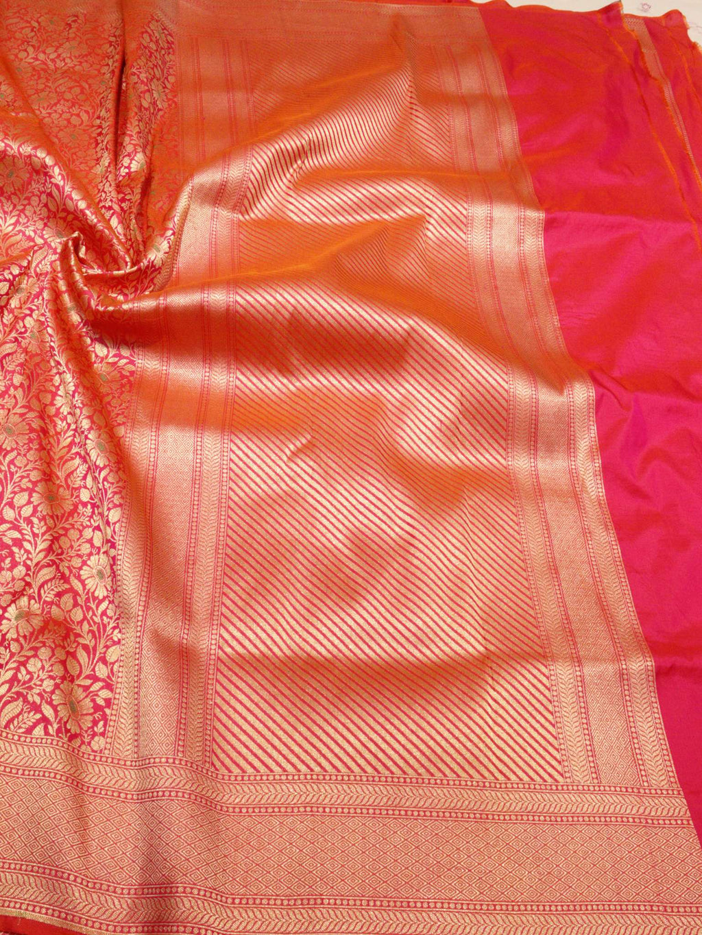 Dhoop Chaon Red Pink Katan Silk Banarasi saree pallu detail