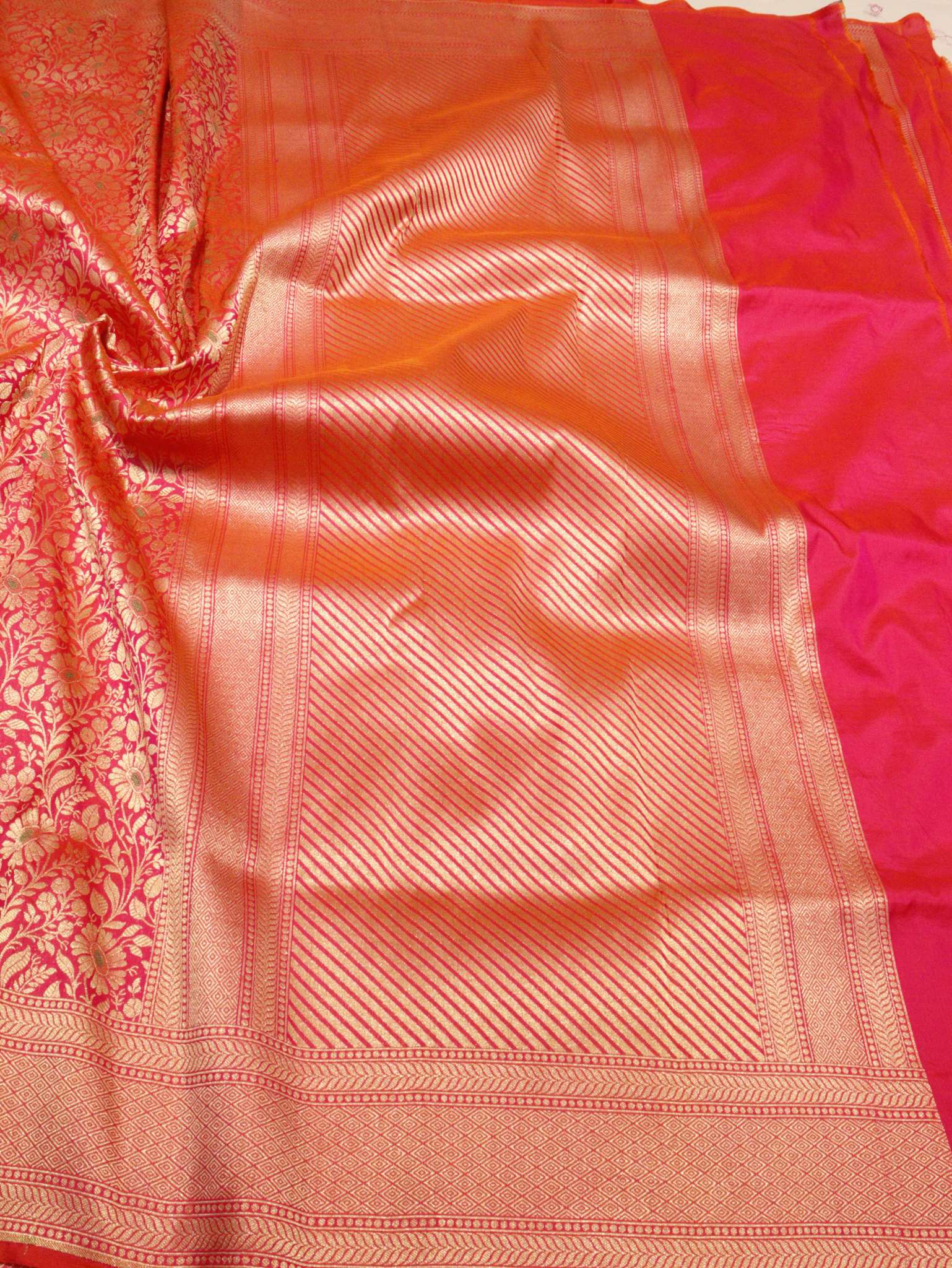 Dhoop Chaon Red Pink Katan Silk Banarasi saree pallu detail