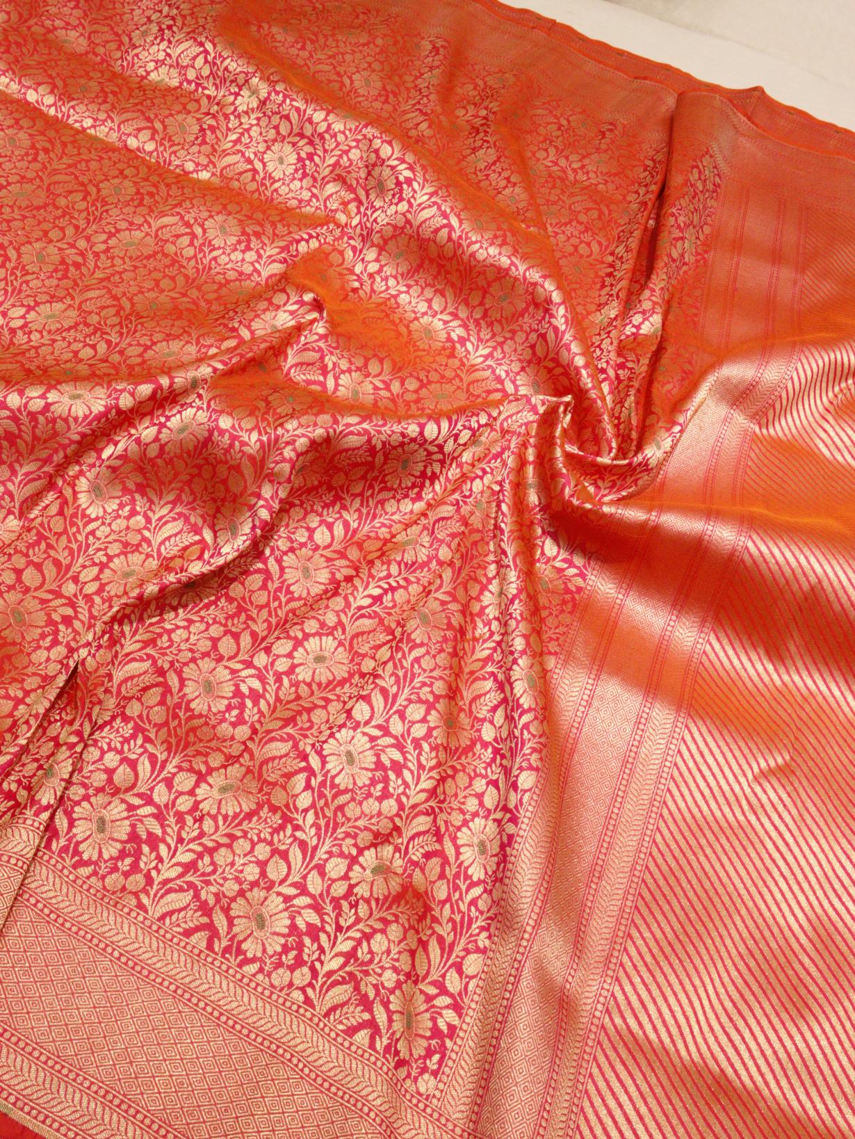 Dhoop Chaon Red Pink Katan Silk Banarasi saree blouse piece