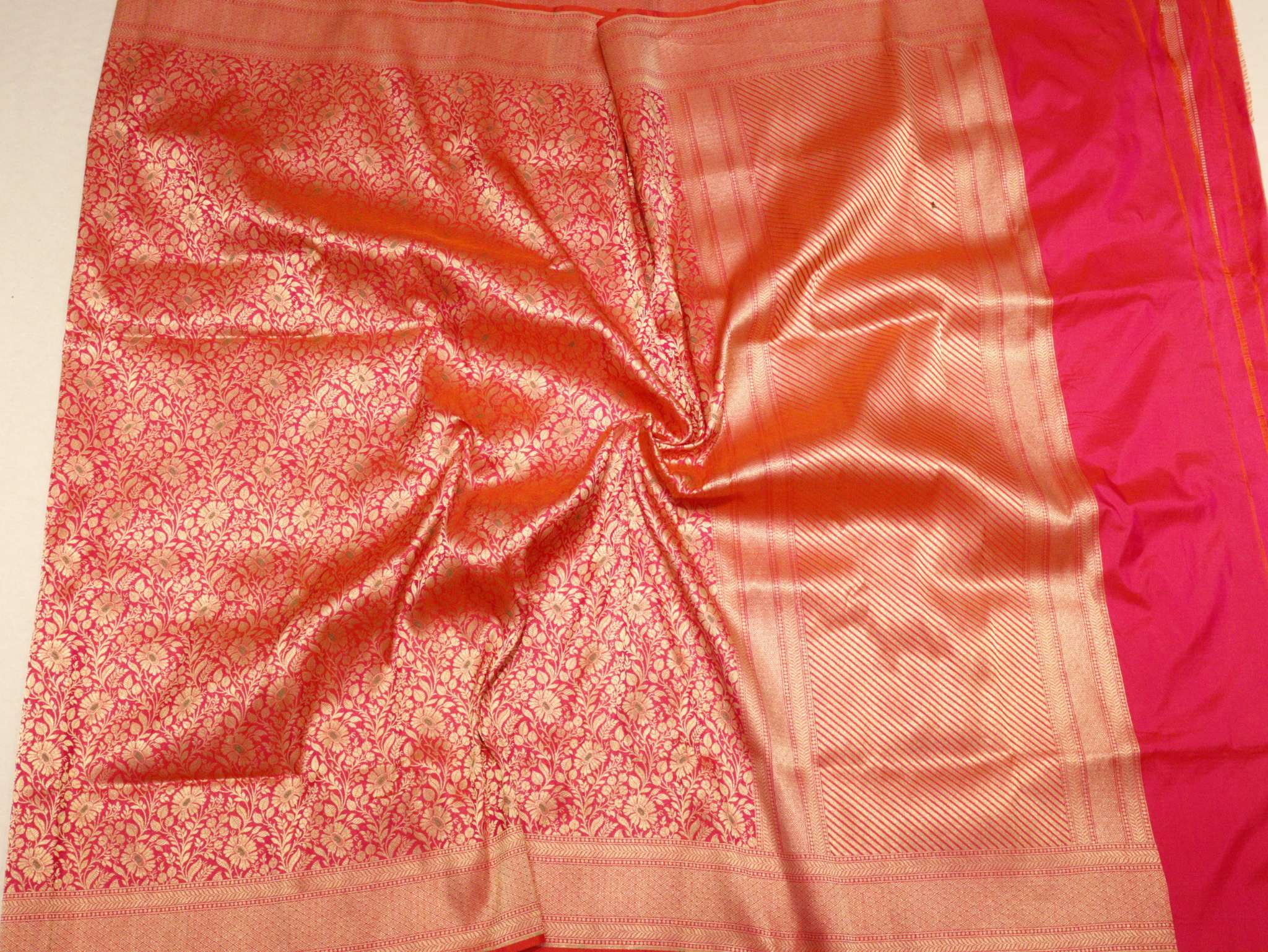 Dhoop Chaon Red Pink Katan Silk Banarasi saree zari work detail