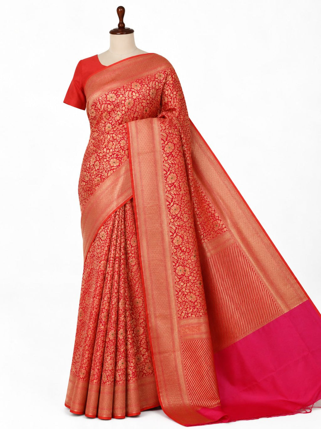 Dhoop Chaon Red Pink Katan Silk Banarasi saree front drape view