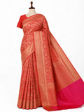 Dhoop Chaon Red Pink Katan Silk Banarasi saree front drape view