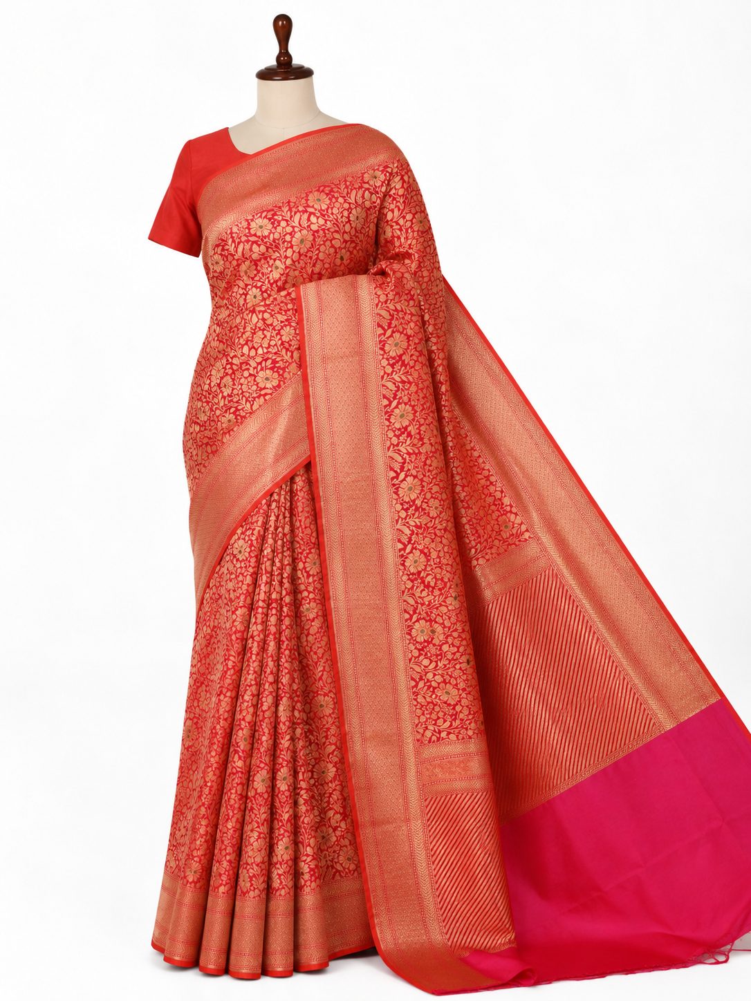 Dhoop Chaon Red Pink Katan Silk Banarasi saree front drape view