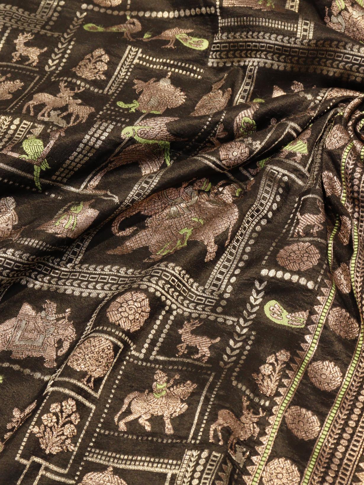 Black Soft Katan Banarasi saree border closeup