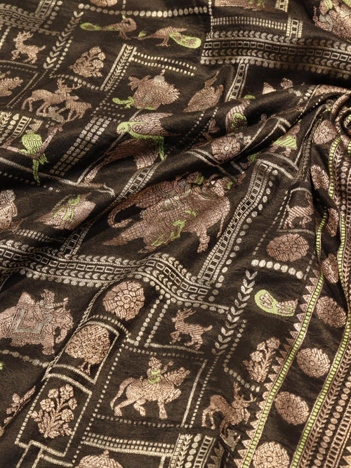 Black Soft Katan Banarasi saree border closeup