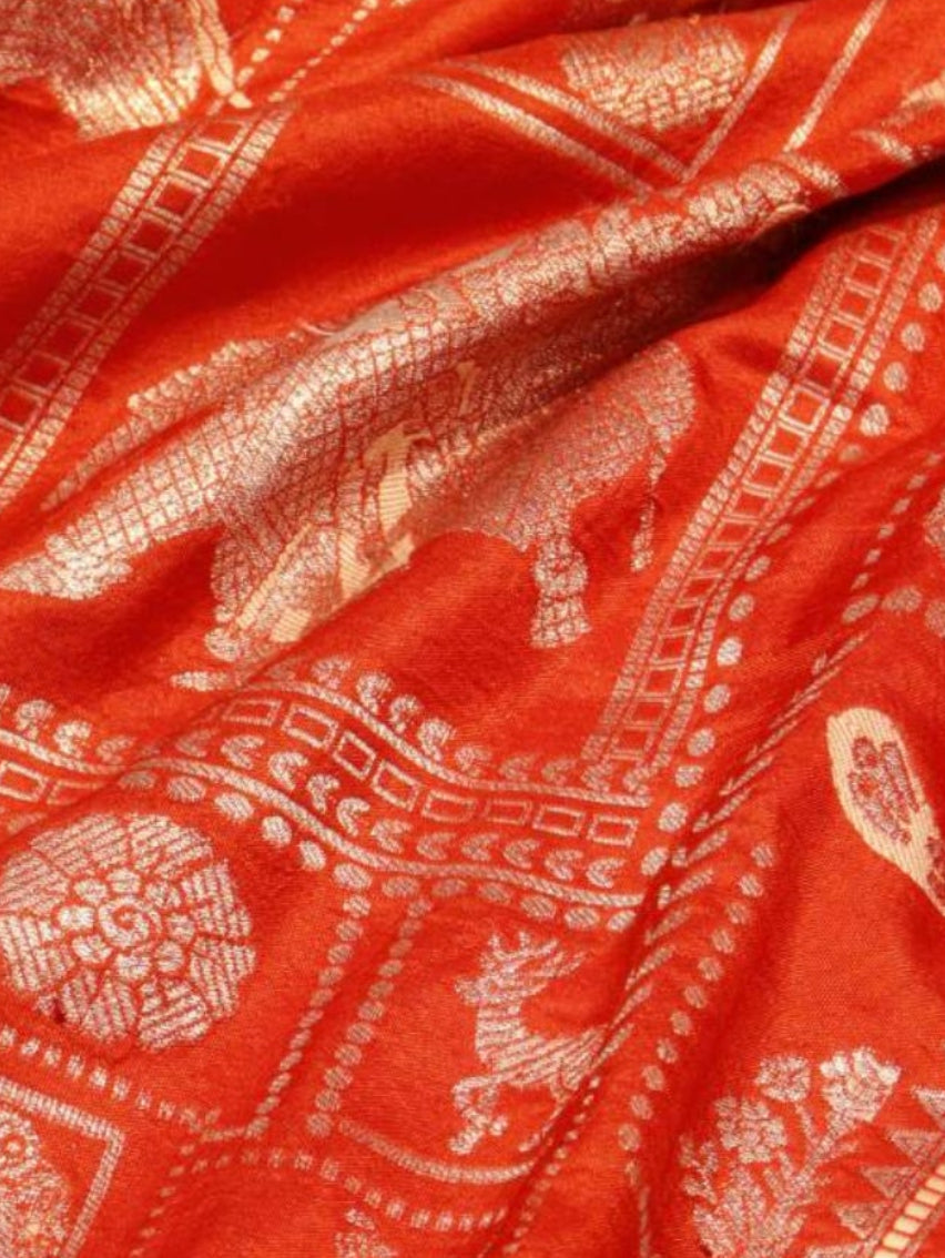 Orange Soft Katan Banarasi saree pallu detail