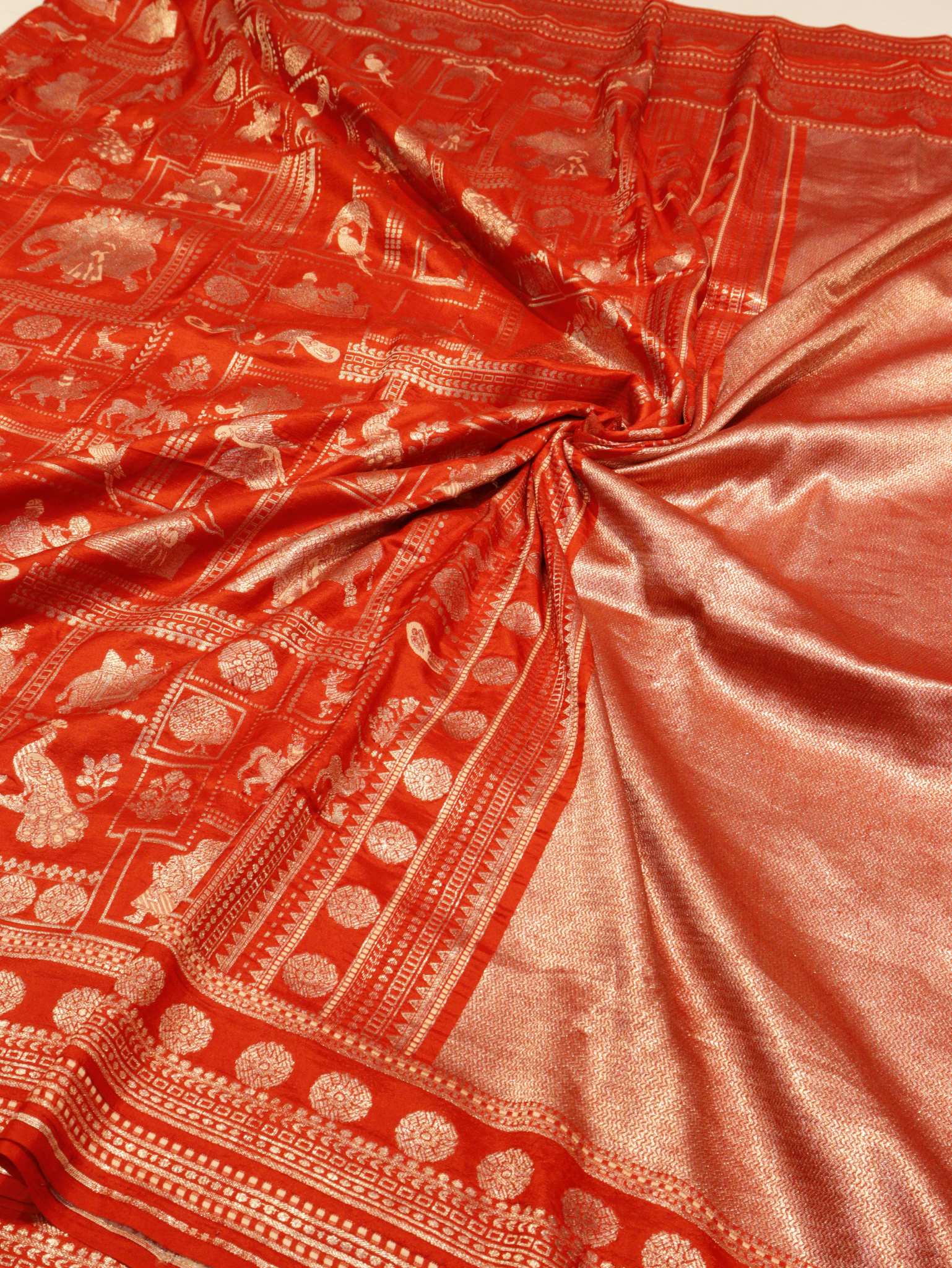 Orange Soft Katan Banarasi saree border closeup