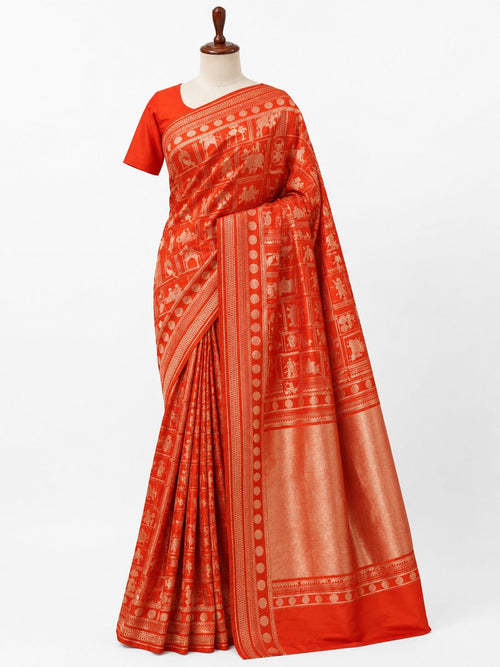 Orange Soft Katan Banarasi saree texture detail