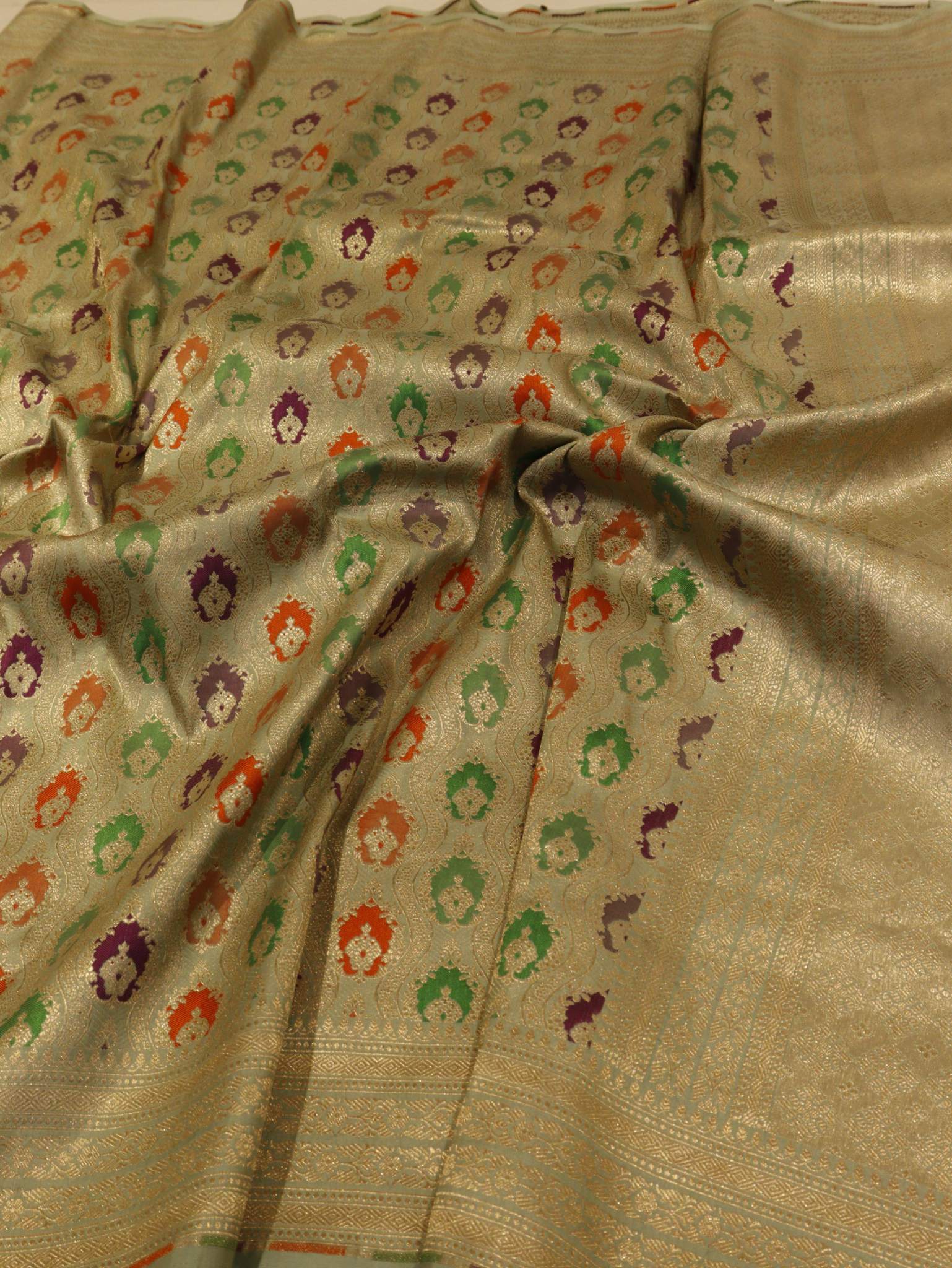 Mint Green Soft Katan Banarasi saree border closeup