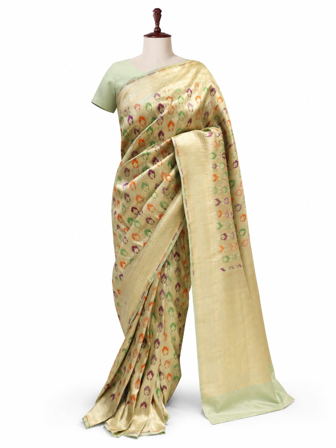 Mint Green Soft Katan Banarasi saree texture detail