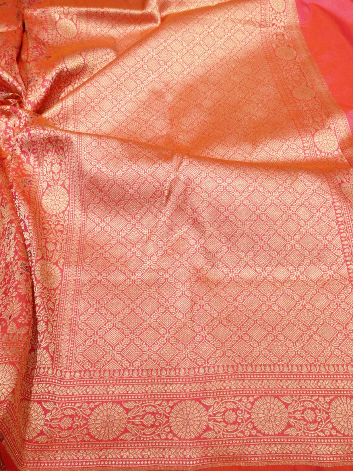 Dhup Chav Orange with Pink Soft Katan Banarasi saree full spread