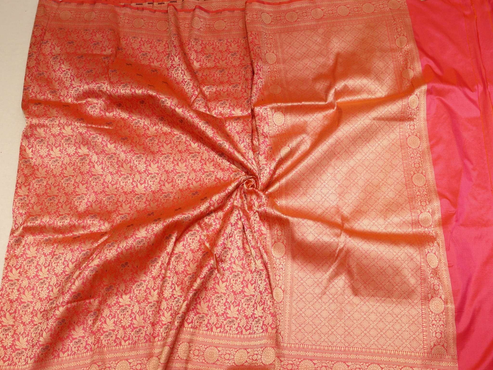 Dhup Chav Orange with Pink Soft Katan Banarasi saree texture detail