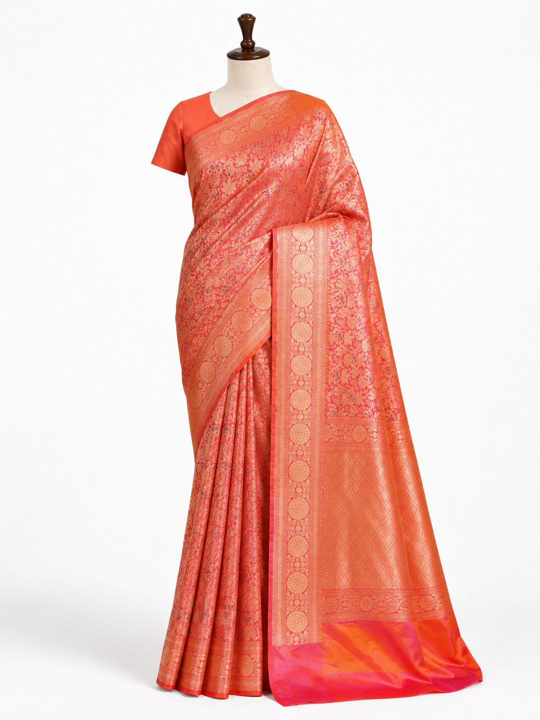 Dhup Chav Orange with Pink Soft Katan Banarasi saree front drape view