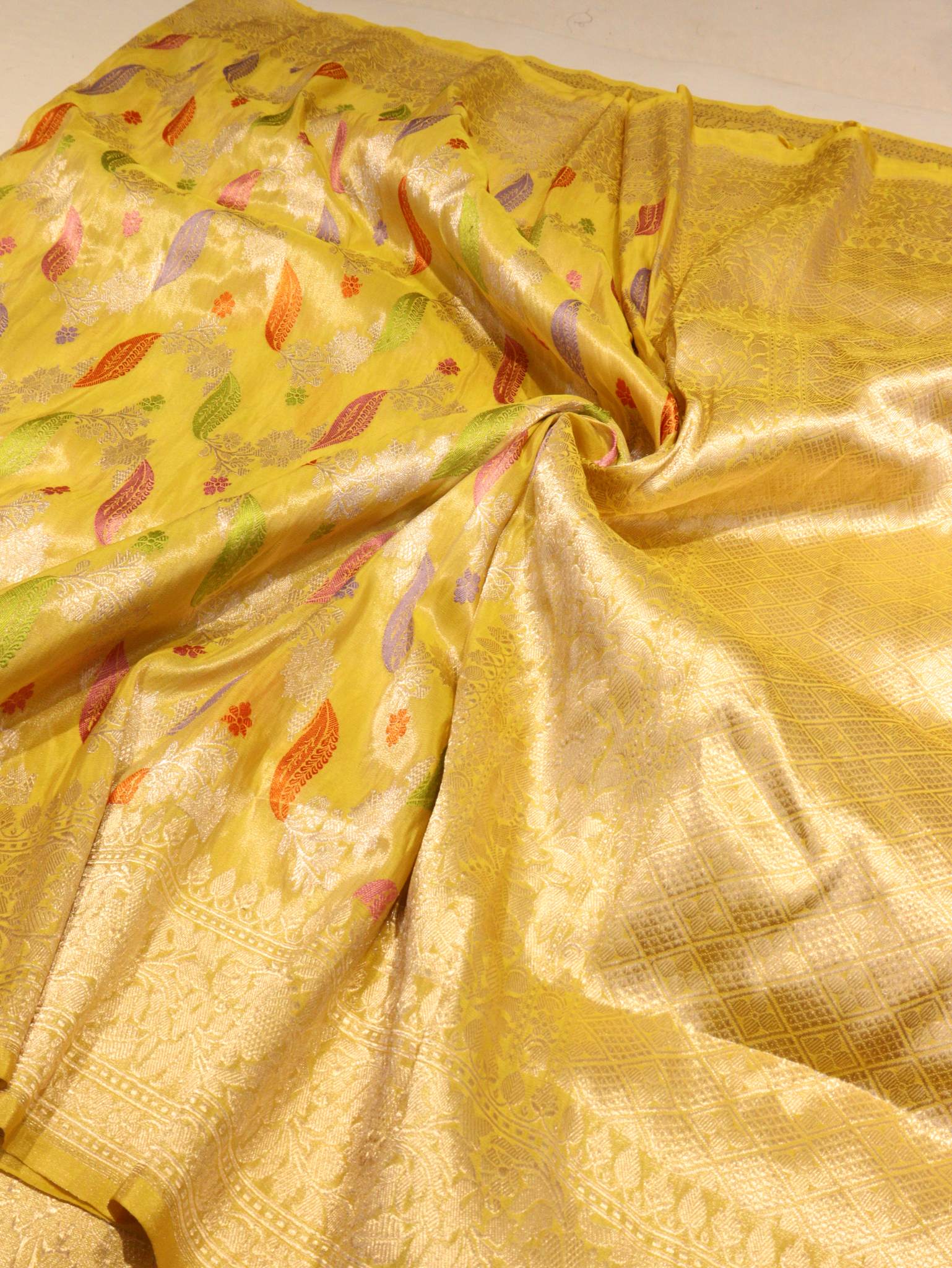 Yellow Tissue Silk Banarasi saree full spread