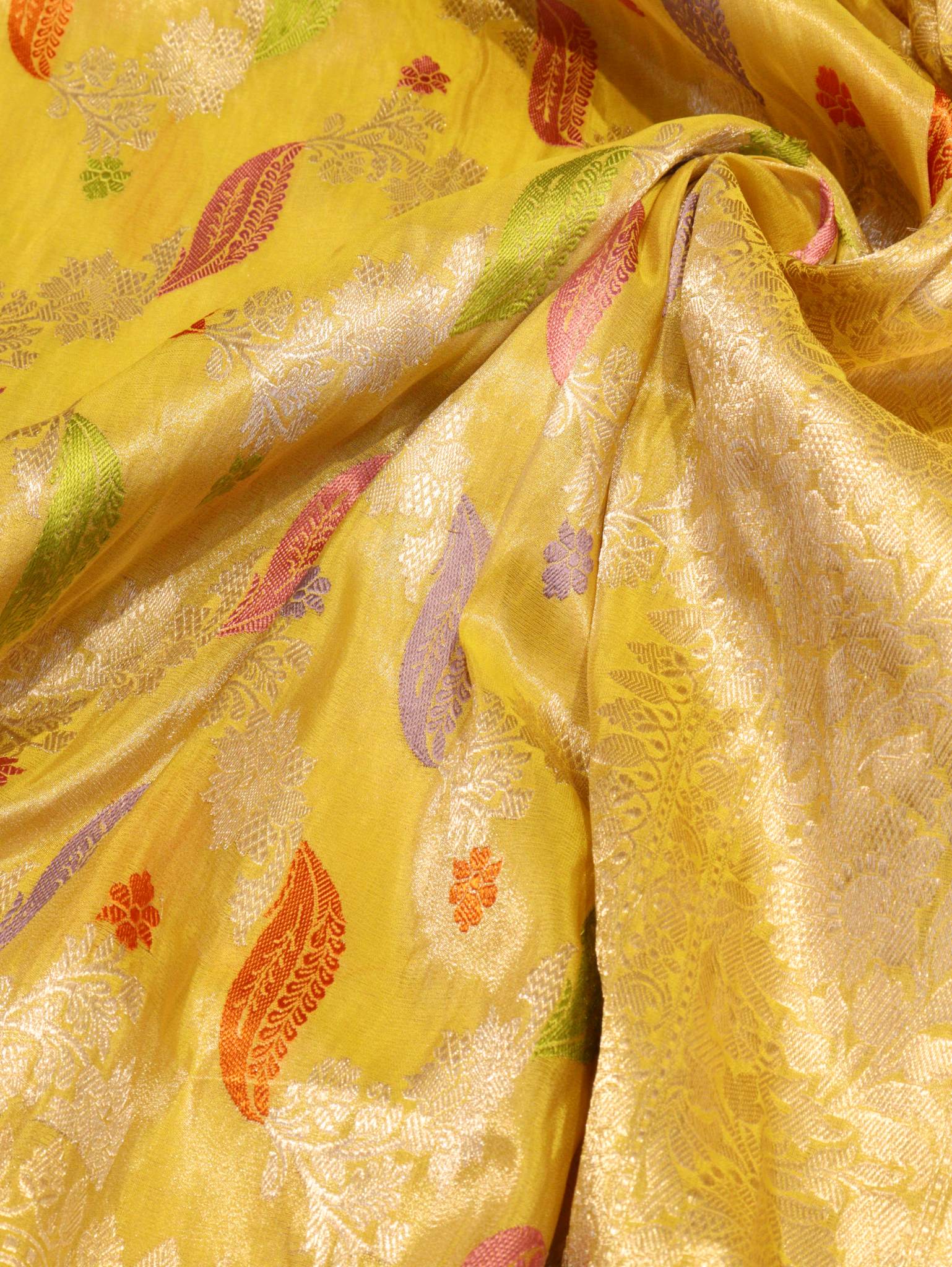 Yellow Tissue Silk Banarasi saree texture detail
