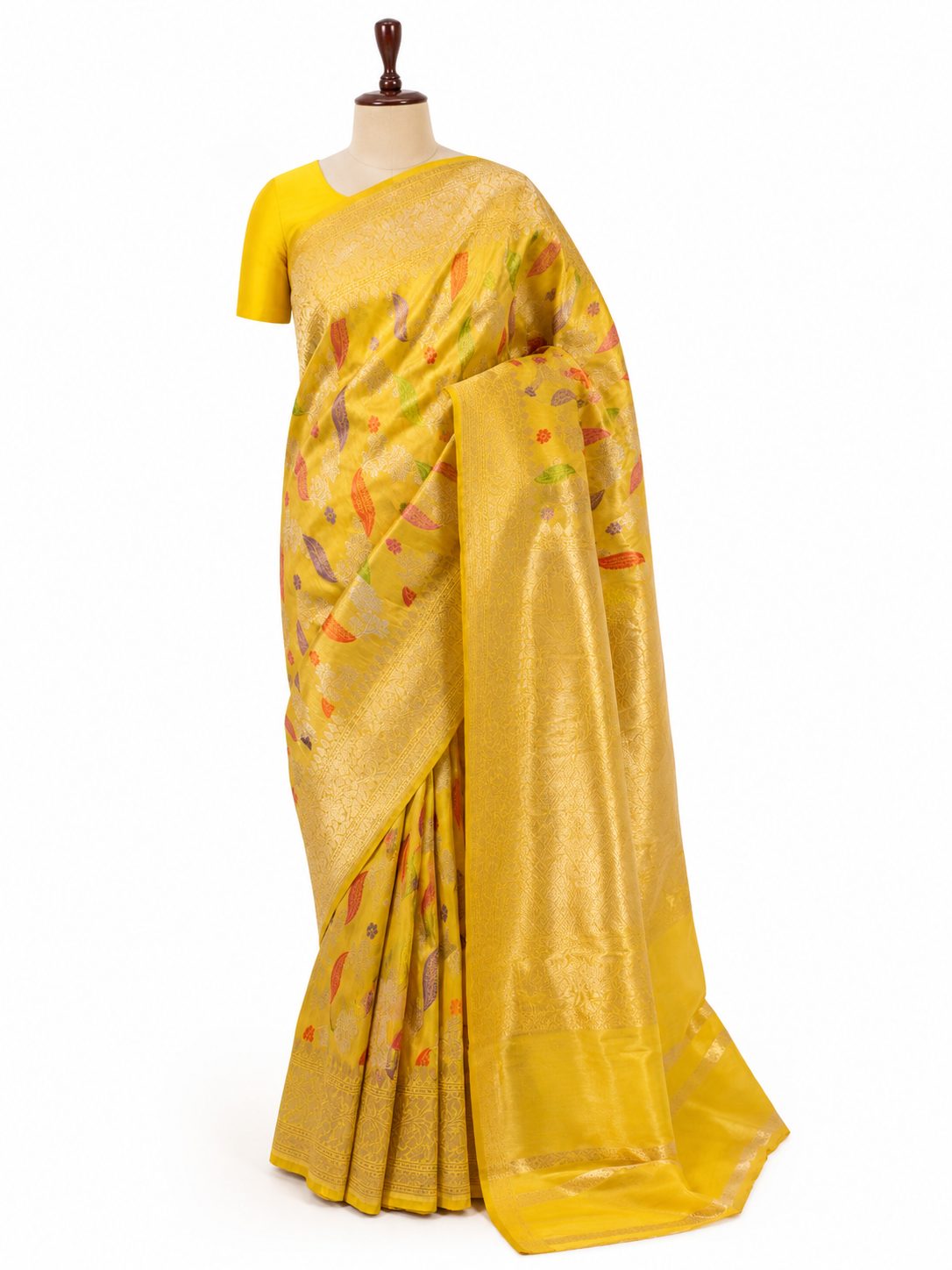 Yellow Tissue Silk Banarasi saree front drape view