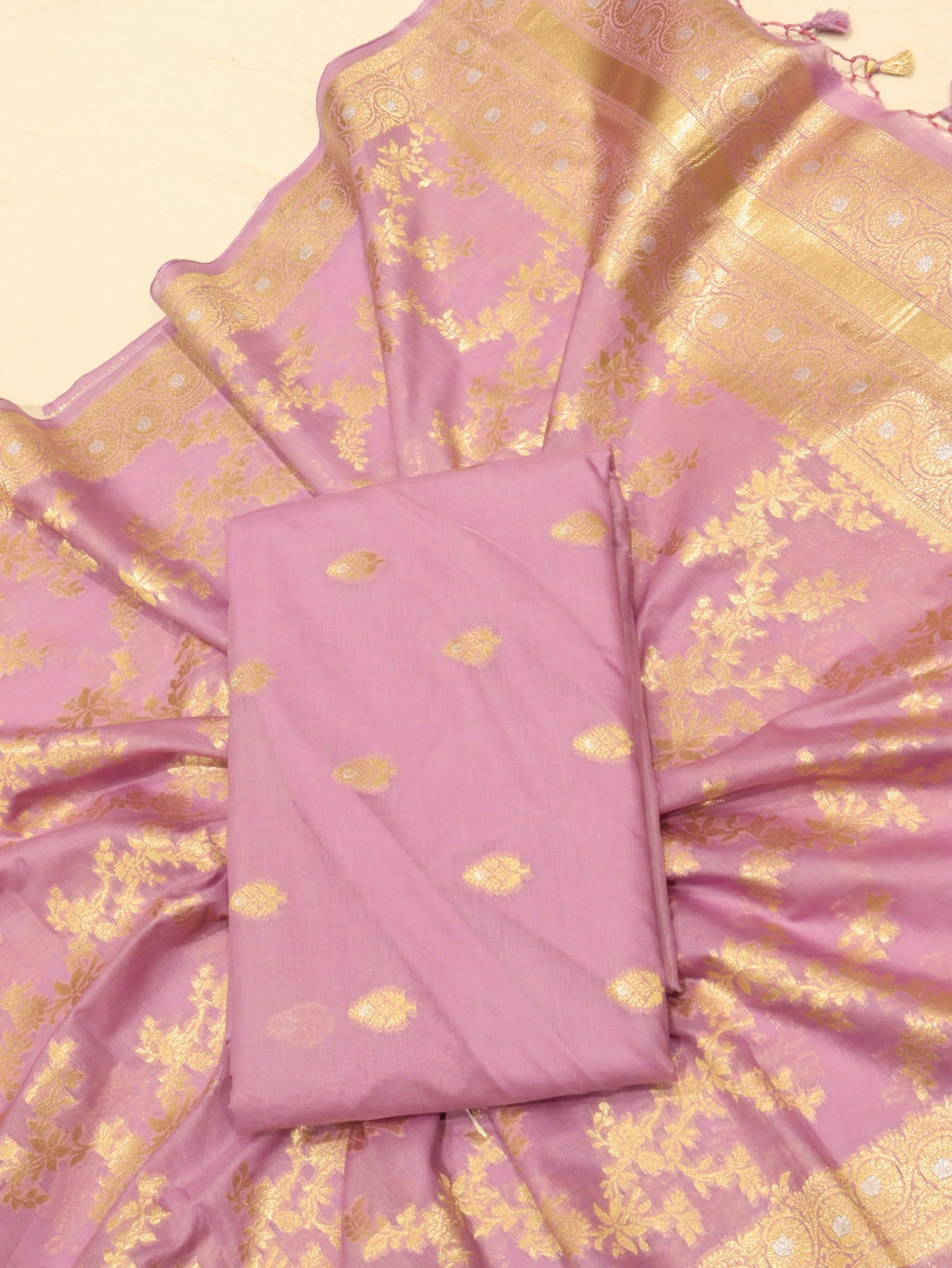 Lanvender Cotton Banarasi suit front drape view