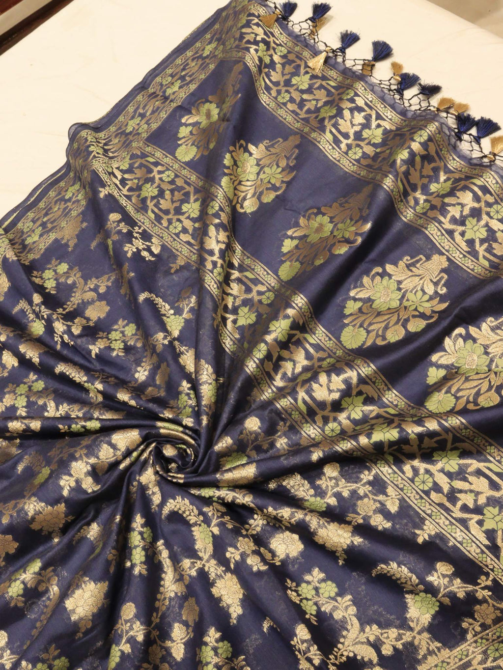 Mid Night blue Cotton Banarasi suit neckline detail