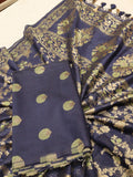 Mid Night blue Cotton Banarasi suit front drape view