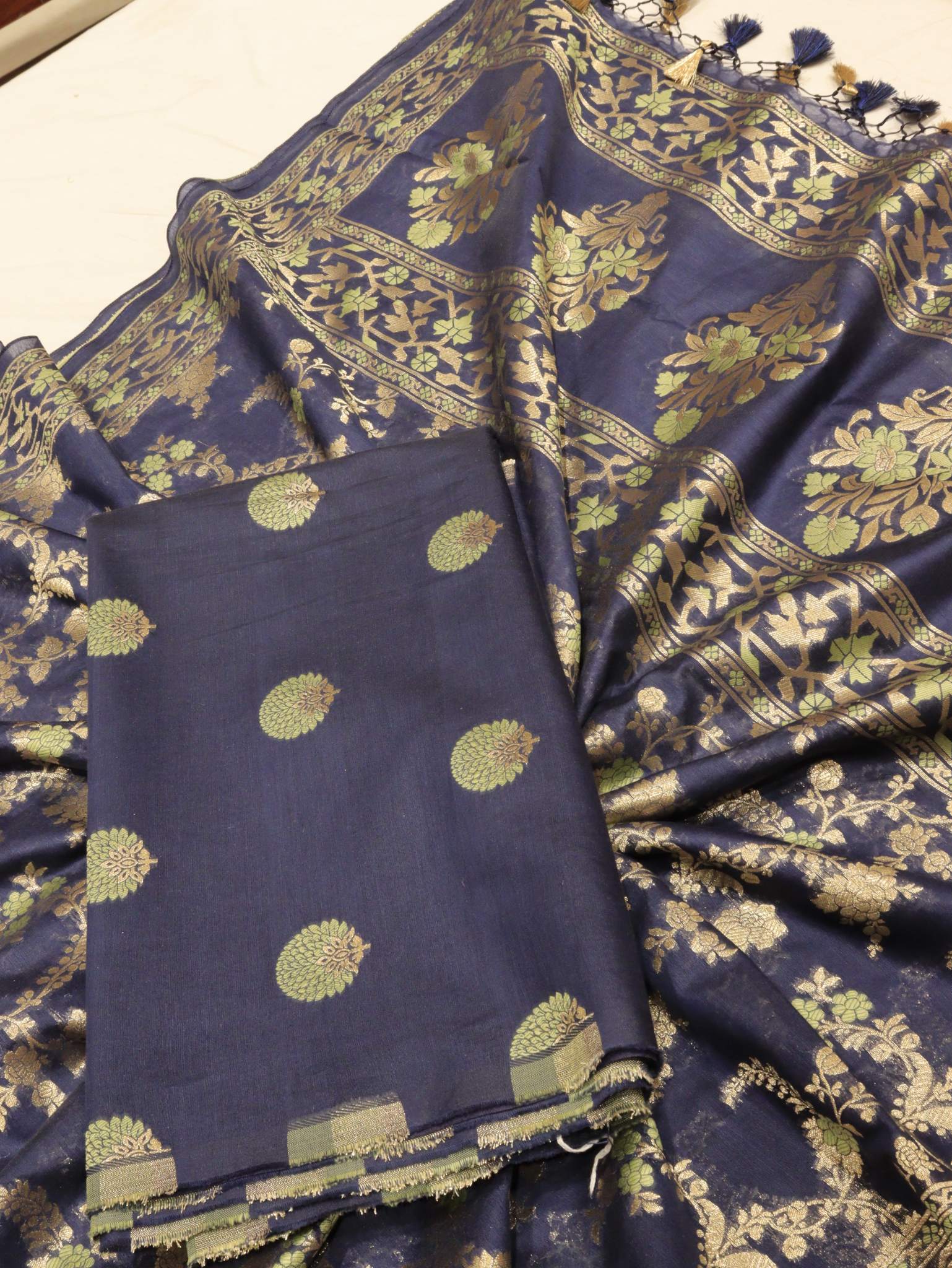 Mid Night blue Cotton Banarasi suit front drape view
