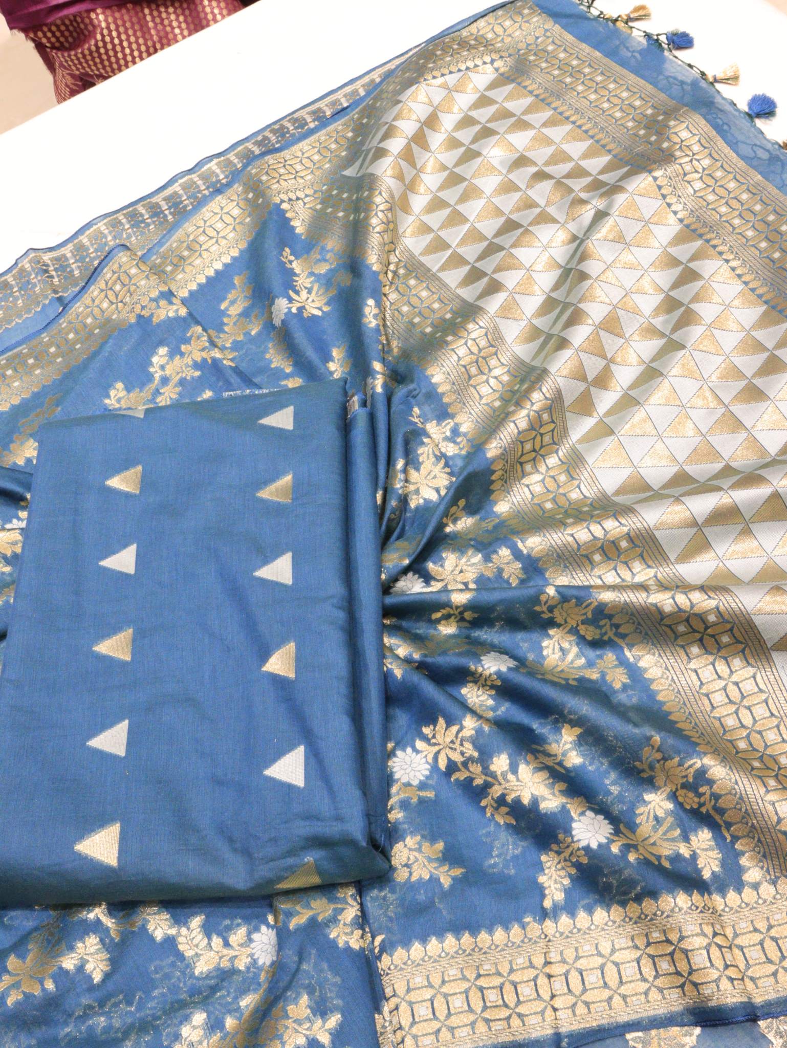 Deep Teal Cotton Banarasi suit front drape view