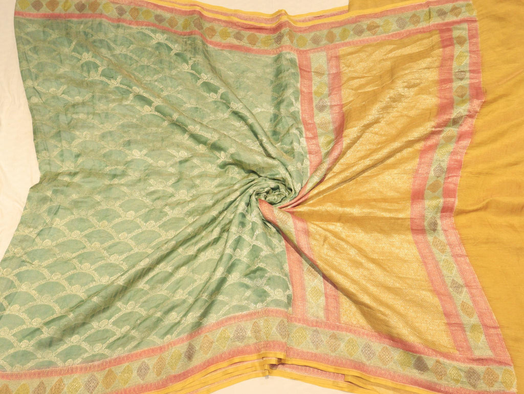 Sage Green Tissue Georgette Banarasi saree texture detail