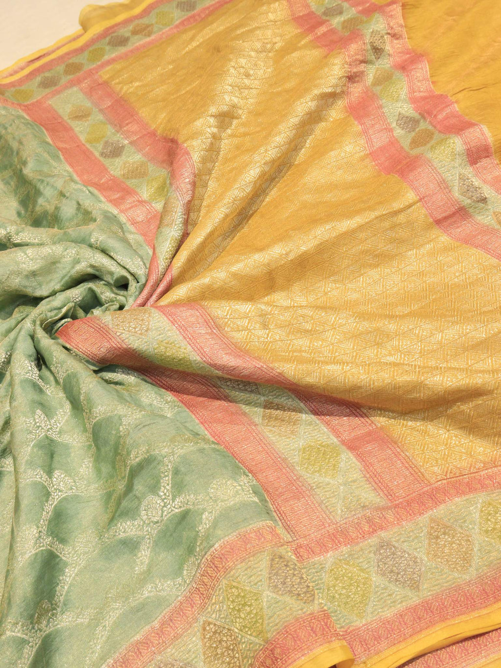 Sage Green Tissue Georgette Banarasi saree pallu detail