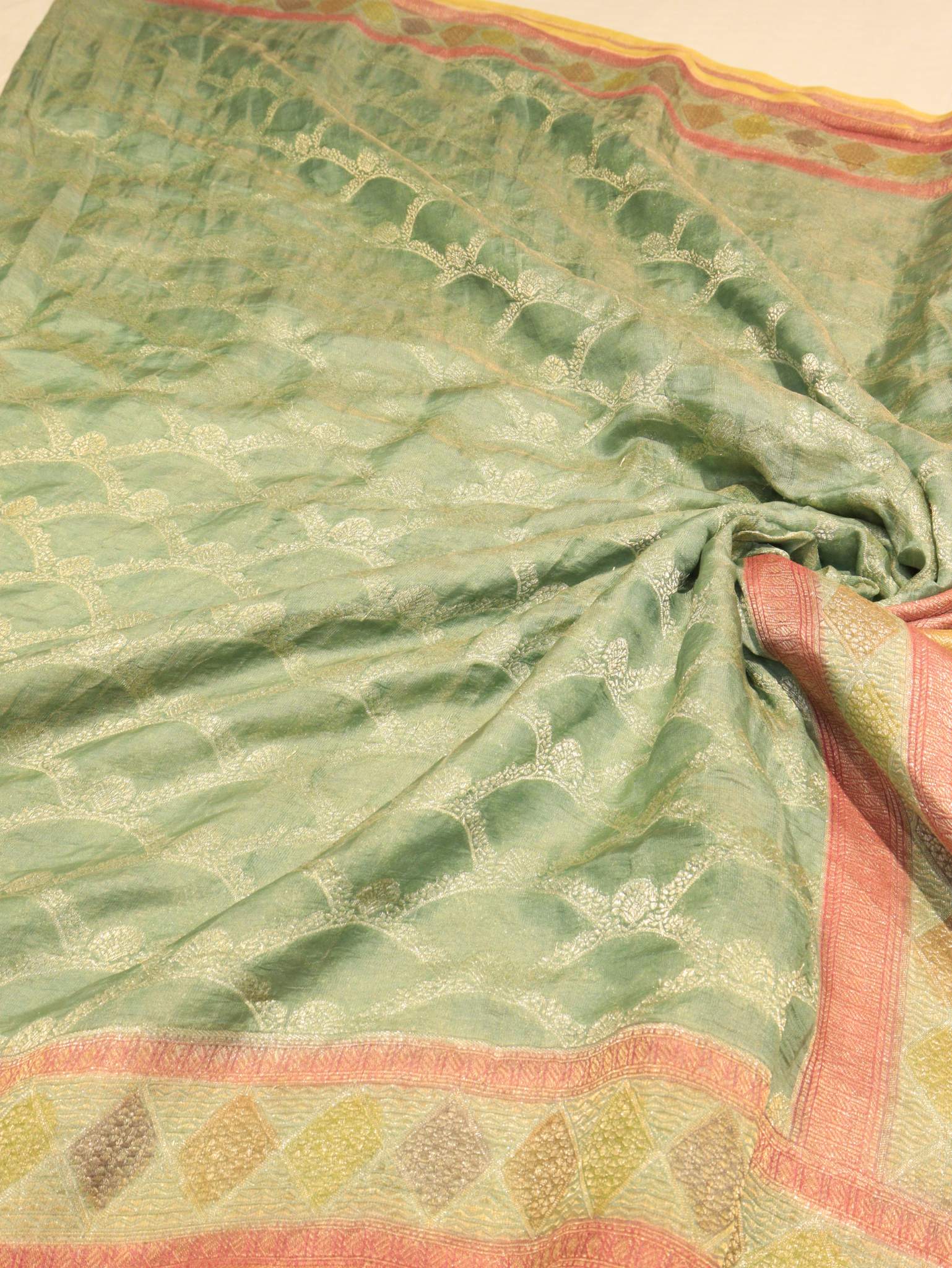 Sage Green Tissue Georgette Banarasi saree border closeup
