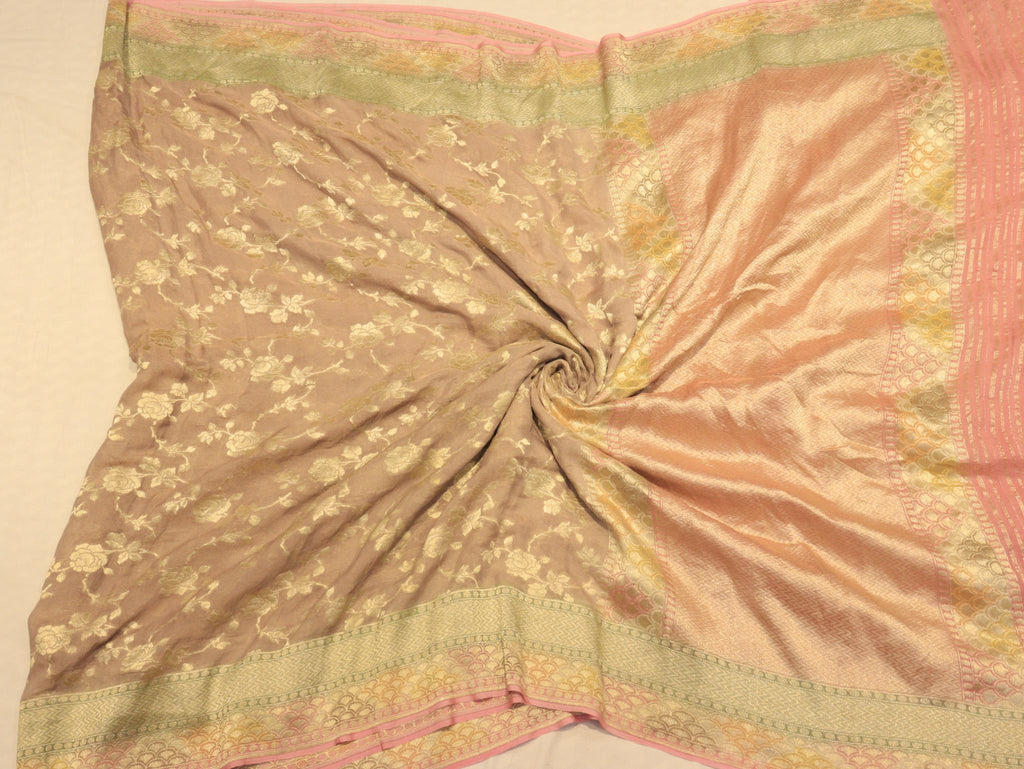 Taupe Rose Gold Tissue Georgette Banarasi saree texture detail